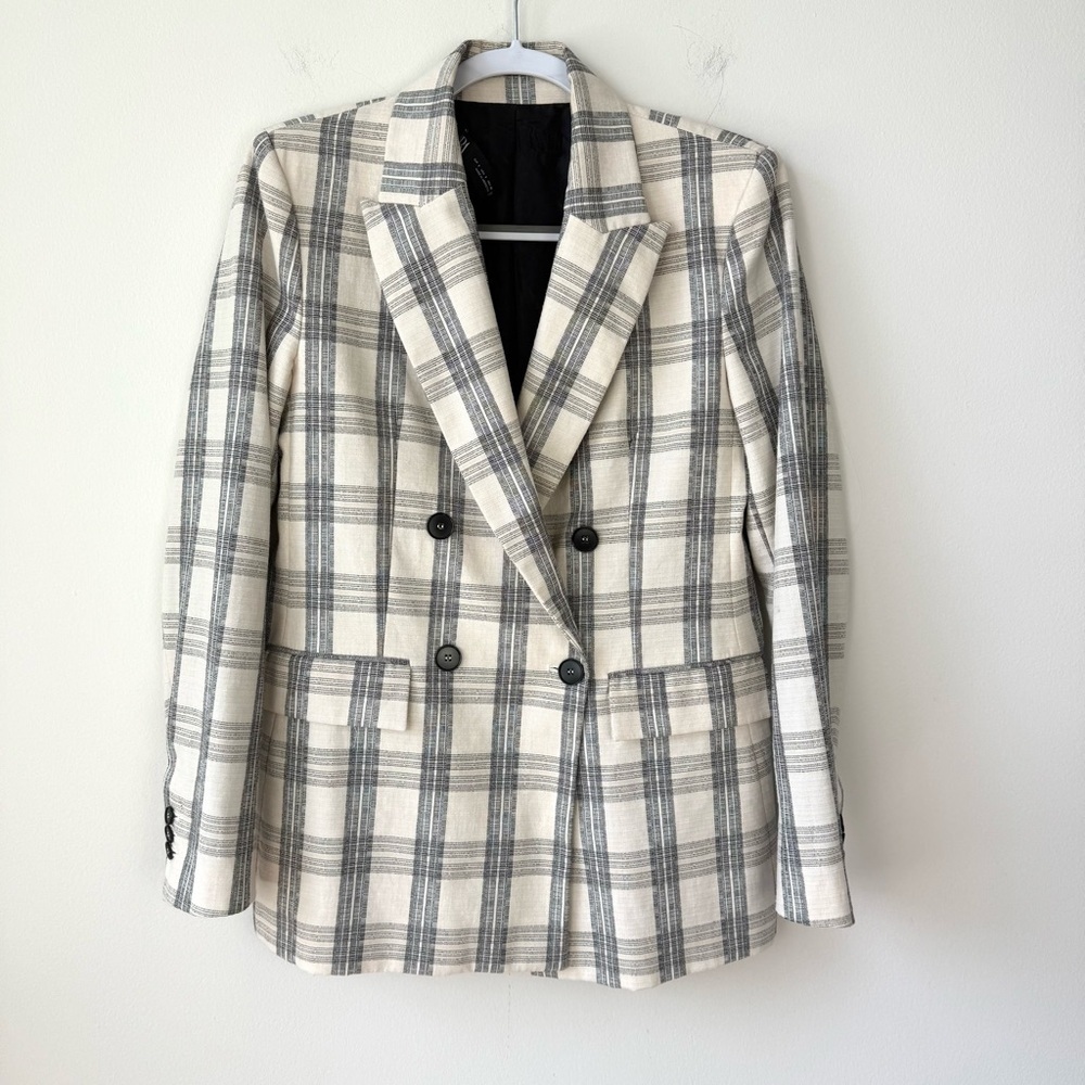 Zara Double Breasted Ecru Black Plaid Blazer